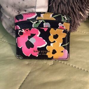 kate spade Black Floral Card Holder with Pink & Yellow Blooms